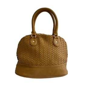 Neiman Marcus Tan Goldenrod Woven Leather Footed Dome Satchel Bag Purse NWOT